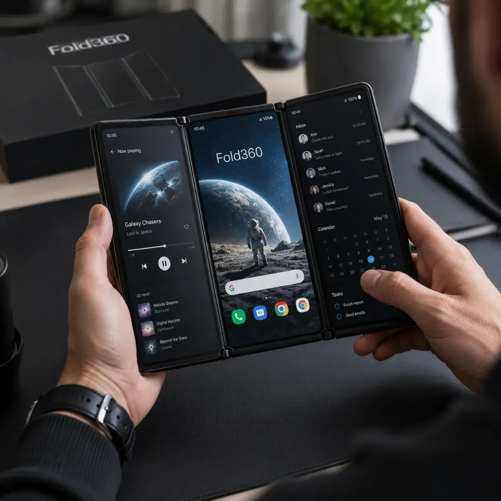 Fold360™ — składany smartfon z 3 ekranami w użyciu