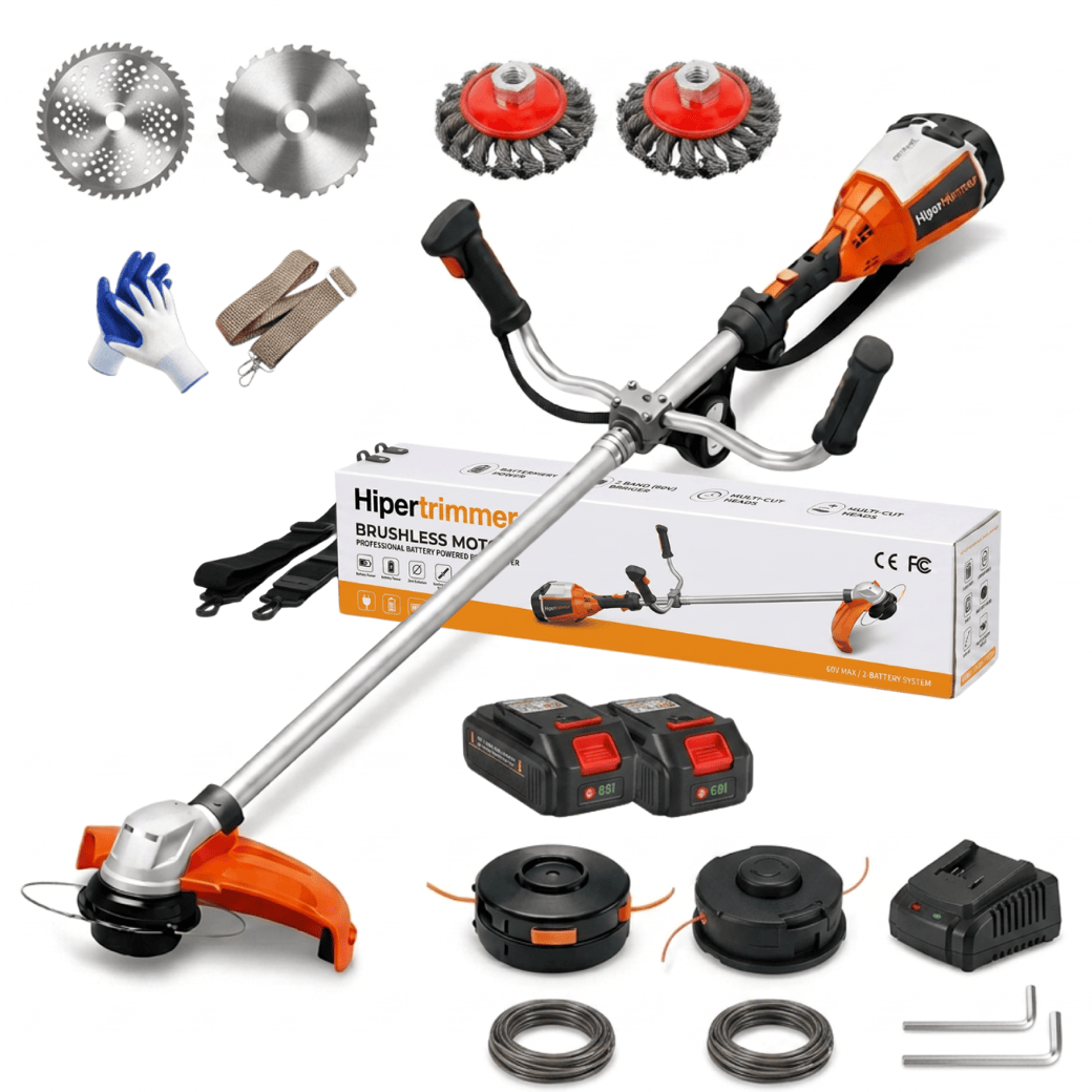 HyperTrimmer 3000 — decespugliatore a batteria 60V brushless 3000W con doppia batteria al litio, 3 teste di taglio intercambiabili e cintura ergonomica